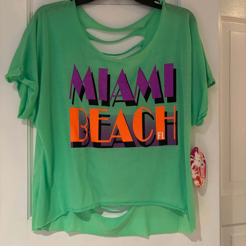 Miami Beach, souvenir, cut outs, Shredded Graphic T-Shirt, Neon Green - NWT